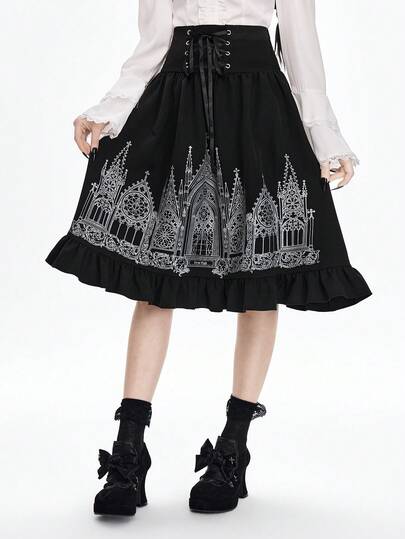 Grunge Punk Damen Y2K dunkel gotischer Hoher Taille Rock mit Schloss-Muster und Bindegürtel