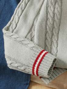 Teen Girls' Round Neck Knit Oversized Sweater Top, Cute Embroidered Cable Knit Texture In Fall/Winter - Grey - View 4