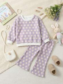 SHEIN Baby Girl Spring Purple And White Contrast Fresh Style Sweatshirt And Pants Set 2-Piece, Elastic Ribbed Cuffs Detail, Allover Daisy Pattern, Slight Flared Pants Fit, Suitable For Outings, Home Leisure And Daily Wear - Mauve Purple - View 8
