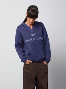 Áo sweatshirt nữ dáng rộng, tối giản, màu xanh navy, tay dài, có túi, thích hợp cho mùa thu/đông, phong cách đường phố. - Màu xanh hải quân - Xem 4
