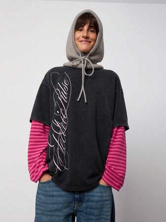 SURIMA Camiseta holgada de punto negro con estampado de letras salpicado de moda casual de mujer, verano