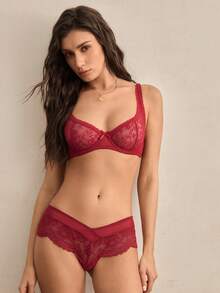 Charlaine Women's -French Burgundy Lace Briefs With Hollow Out Plant Pattern Details - Burgundy - View 6