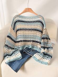 CosyJoli Plus Size Casual Blue White Striped Hollow Out Boat Neck Loose Short Pullover Long Sleeve Sweater,Slightly Sheer, Sun Protection In Fall/Winter - Blue and White - View 2