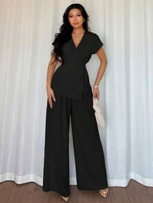 Elenzga Bộ đồ nữ thanh lịch gồm áo kiểu tay cánh dơi và quần ống rộng dáng suông, chất liệu dệt, màu mơ, thích hợp cho các hoạt động mùa hè, hẹn hò, du lịch. - màu đen - Xem 5