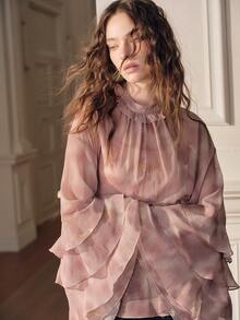 Savoree Spring Ruffled Collar Long Sleeve Loose Pink Blouse, Elegant Romantic Women Casual Outerwear Top - Pink - View 4