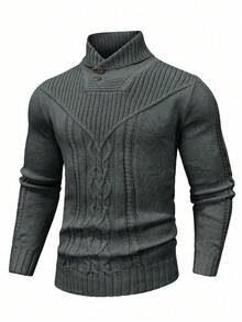 Manfinity Homme Áo len dệt kim dài tay thiết kế nút màu trơn cho nam, mùa thu/đông - Màu xám đen - Xem 1