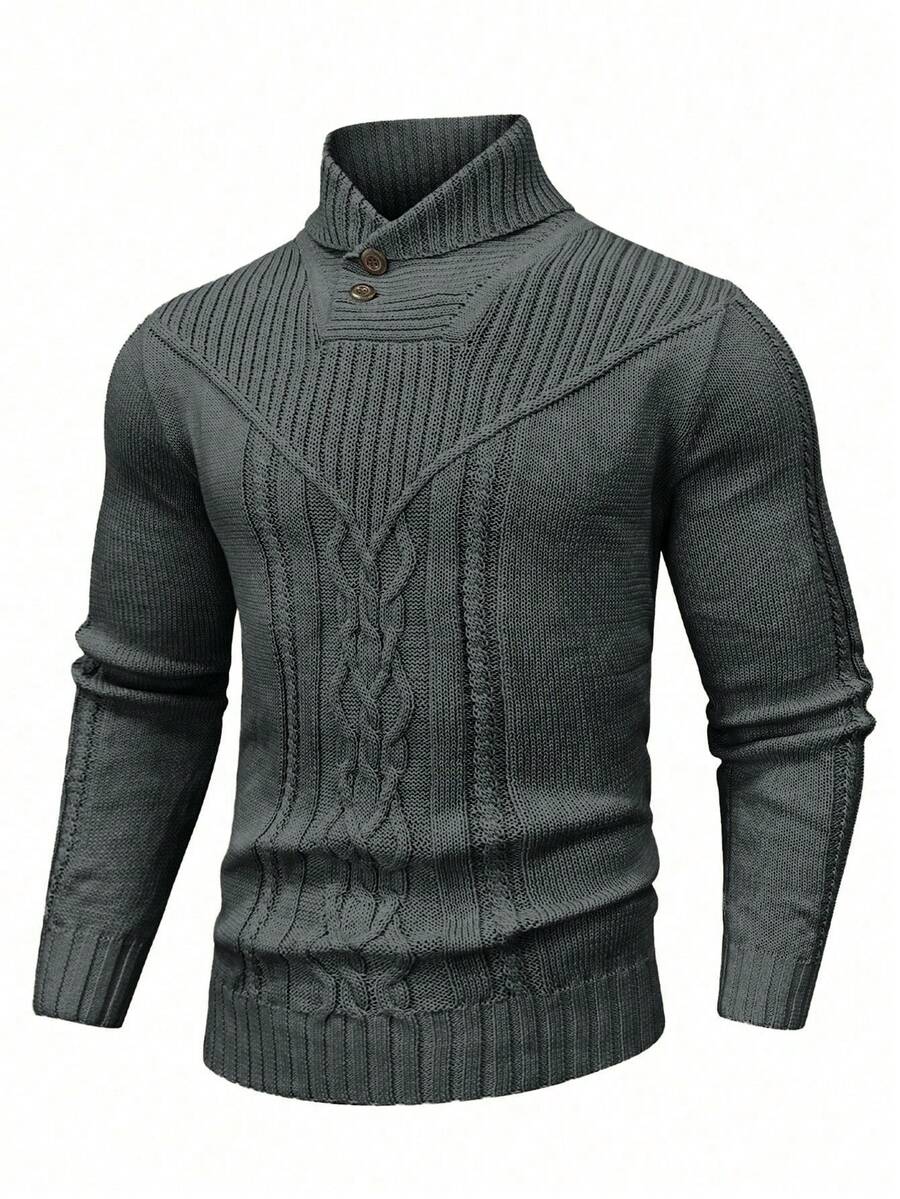 Manfinity Homme Áo len dệt kim dài tay thiết kế nút màu trơn cho nam, mùa thu/đông - Màu xám đen - Xem 1