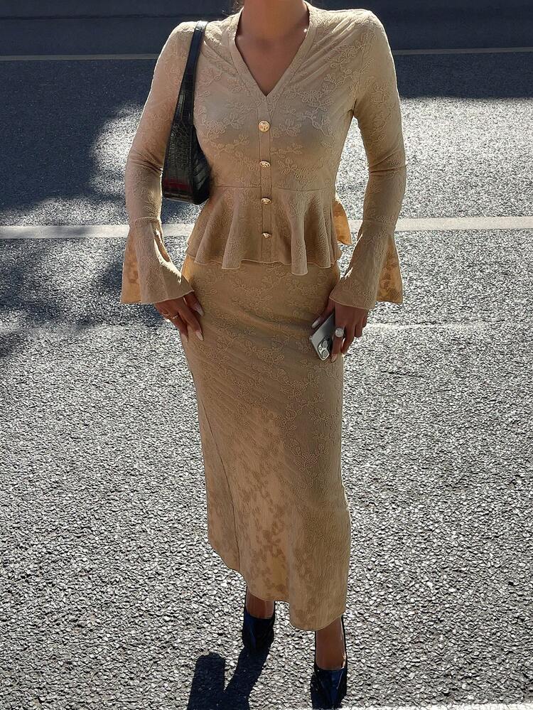 Women's Elegant Commuter Solid Color Jacquard Flare Sleeve Top And Skirt 2-Piece Set