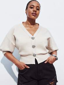 Maija Plus Size Women's Floral Button Drop Shoulder Loose Knit Top Modest Vintage Women Outfit Deas For Old Money Teacher Romantic, Fashion, Versatile; Comfortable, Stylish, Elegant, Casual, Simple Daily Wear, Solid Color Holiday Casual Knit Top, Decent, Single Lady, Elegant Fashion Business Casual Woman Going Out Tops Graduation TeacherWomen Party Top Beach Summer Holiday Beach Vacation Summer Going Out Graduation - Beige - View 1