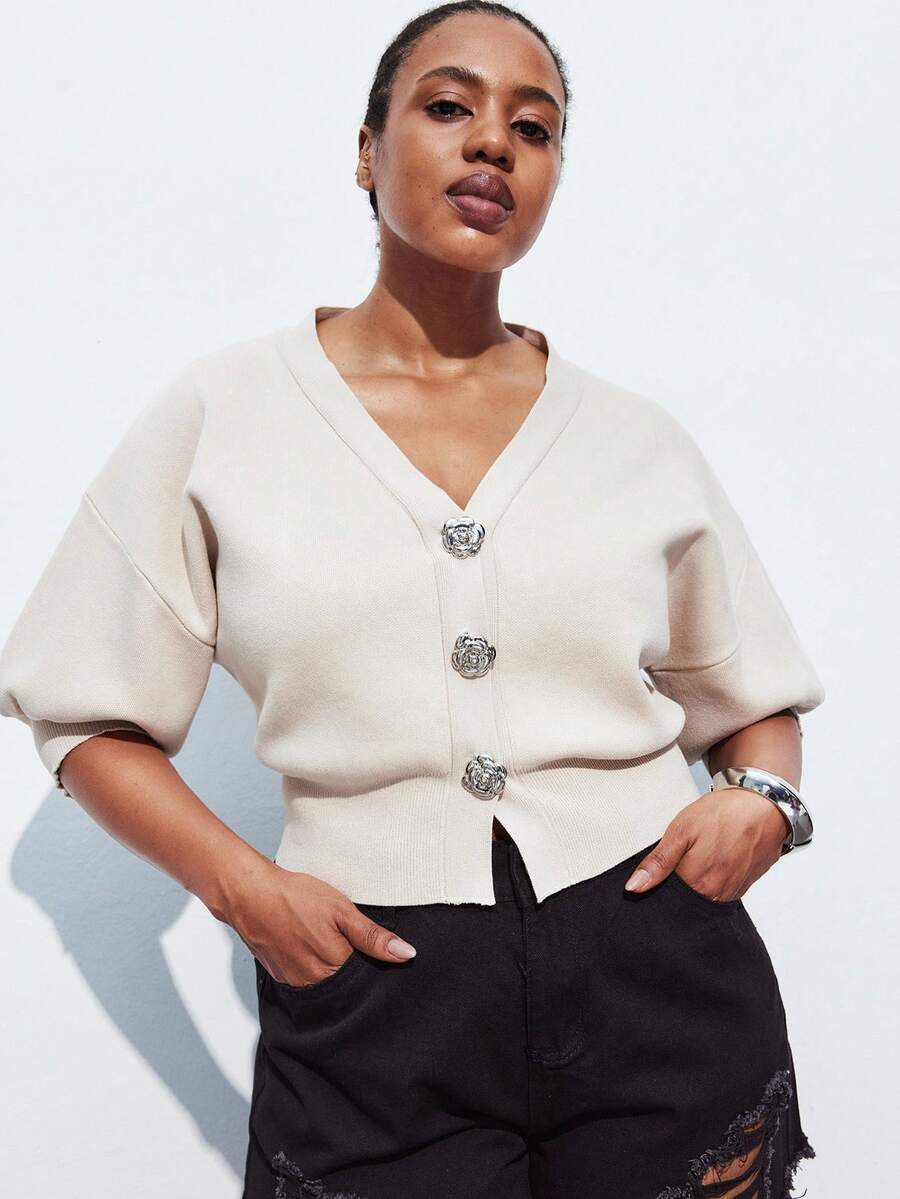 Maija Plus Size Women's Floral Button Drop Shoulder Loose Knit Top Modest Vintage Women Outfit Deas For Old Money Teacher Romantic, Fashion, Versatile; Comfortable, Stylish, Elegant, Casual, Simple Daily Wear, Solid Color Holiday Casual Knit Top, Decent, Single Lady, Elegant Fashion Business Casual Woman Going Out Tops Graduation TeacherWomen Party Top Beach Summer Holiday Beach Vacation Summer Going Out Graduation - Beige - View 1