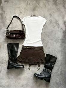 Glimmora 复古Y2K风格白色V领收腰T恤，短款修身性感上衣 - 白色 - 查看 2