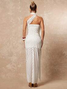 Lumalex Women's Elegant White Base Black Dot Sexy Strapless Ruched Slit Design Sleeveless Fitted Flared Dress, Spring/Summer - Black and White - View 2