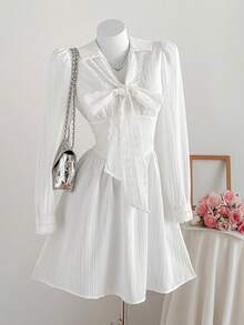 Comfortcana 女士时尚蝴蝶结装饰长袖迷你连衣裙 - 白色 - 查看 5