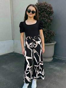 SHEIN 少女度假休闲针织拼接碎花方领短袖连体裤 - 黑與白 - 查看 7
