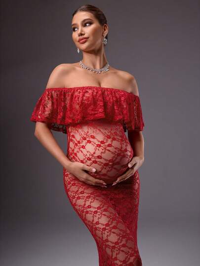 MaterniChic Maternity Clothes Maternity  Dress Summer Pregnant Clothes Red Maternity Dress With Lace Off-Shoulder  Soft And Comfortable, Perfect For Photoshoots