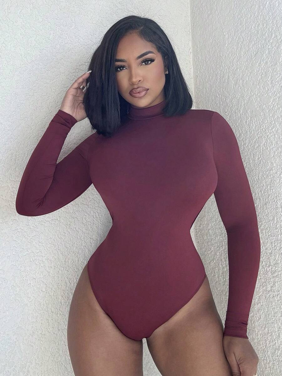 Alexandranx Women's Solid Color Long Sleeve Backless High Neck Sexy Bodysuit - Burgundy - View 1