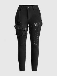 ROMWE Goth Quần jeans skinny co giãn cao cấp phong cách punk rock rách túi dành cho nữ cỡ lớn - màu đen - Xem 1