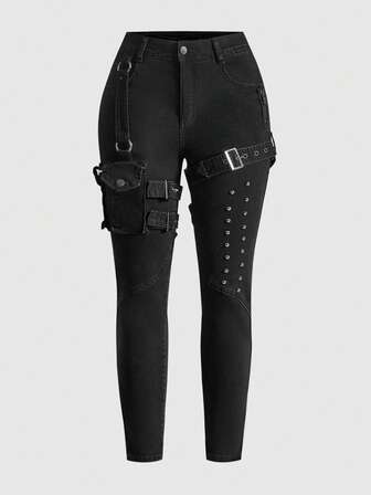 Goth Jeans skinny grande taille pour femmes, style punk rock, déchiré avec poches, haute élasticité