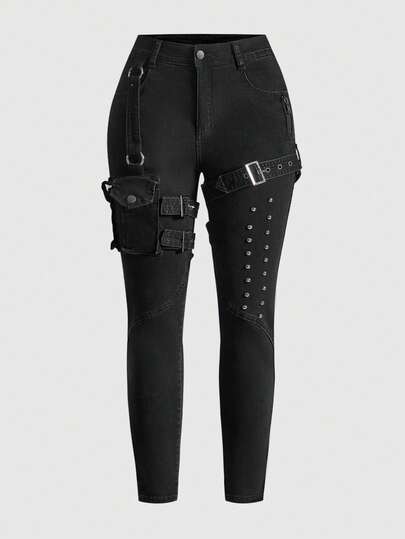 Goth Jeans skinny elasticizzati di taglia grande da donna, stile punk rock, con tasche e effetto vissuto