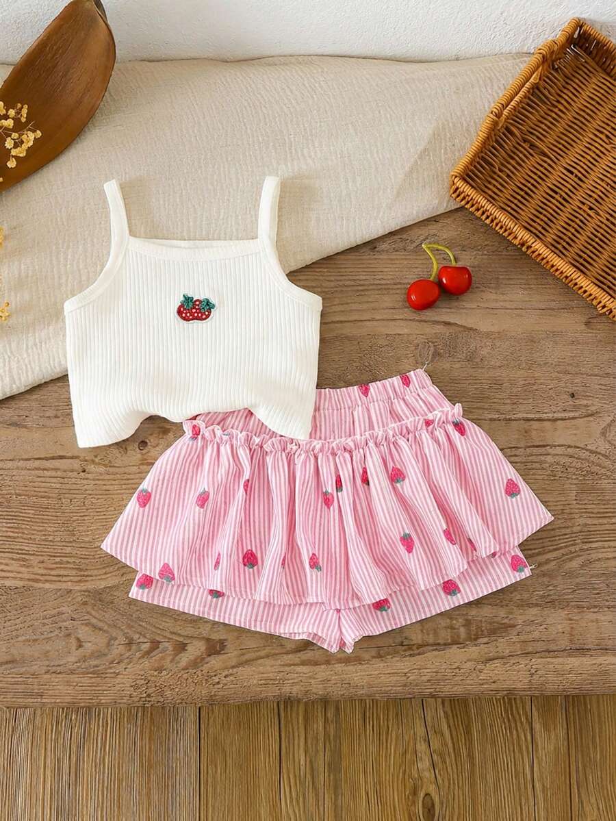 LMoss Kids 2件套女婴针织纯色樱桃刺绣吊带背心和梭织短裤套装 - 彩色 - 查看 1
