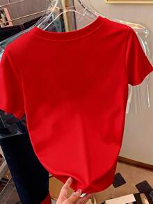 Resyla Camiseta de manga corta de unicolor con cuello redondo para uso casual y de oficina para mujeres - Rojo - Ver 2