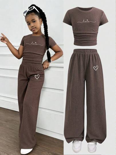 SHEIN Tween Girls Ribbed Floral T-Shirt & Leggings 2 Pieces Set, Casual Daily Fashion Versatile