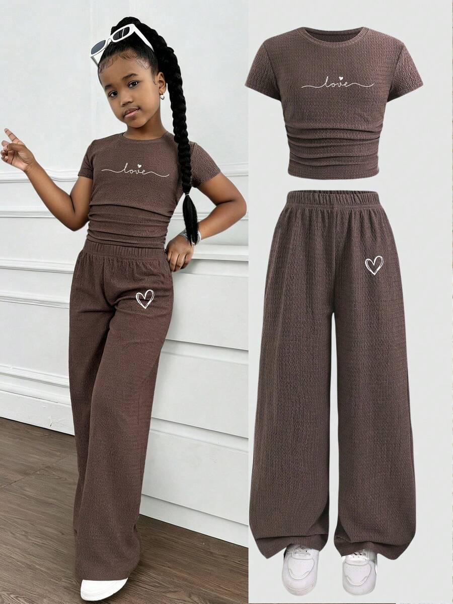 SHEIN Tween Girls Ribbed Floral T-Shirt & Leggings 2 Pieces Set, Casual Daily Fashion Versatile - Khaki - View 1