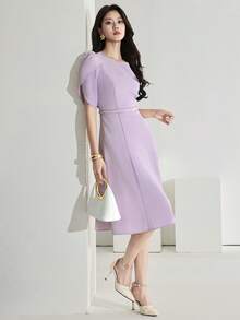 Heiryn Đầm tay cánh hoa thanh lịch, kiểu dáng thường ngày, có thắt lưng, thích hợp cho công sở mùa hè. - Hồng - Xem 5