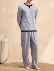 EverLounge Men's Knit Printed Long Sleeve Top And Pants Pajama Set, Spring/Autumn - Multicolor - View 1