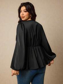 Elaquor Áo kiểu dáng thanh lịch tay phồng, màu trơn dành cho nữ, kiểu dáng đơn giản. - màu đen - Xem 2