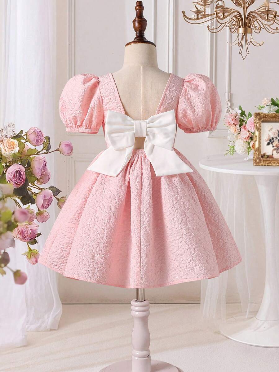 SHEIN 少女粉色无袖休闲连衣裙,饰有大蝴蝶结 - 粉色 - 查看 1