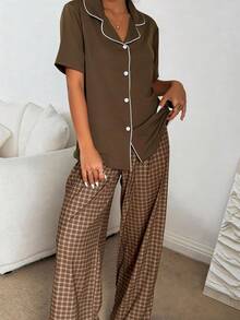 SHEIN 女士休闲格子印花翻领短袖睡衣套装 - 咖啡棕 - 查看 3