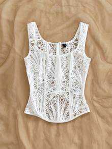 Soleia 女士优雅露背镂空纹理吊带背心，适合春夏各种场合，例如海滩、婚礼宾客、毕业早午餐、圣帕特里克节、春假、复活节、音乐节、波西米亚风、热带风情、情人节等，白色上衣 - 白色 - 查看 5