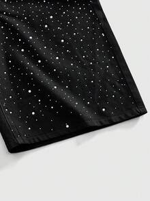 ROMWE MEN Men's Sparkling Rhinestone Loose Fit 3/4 Length Denim Shorts - Black - View 4