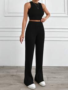 EURMUSE Conjunto de 2 piezas de top corto y pantalones de punto de canalé de algodón - Negro - Ver 3