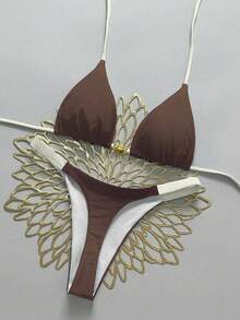 Swim Vcay Women's 2 Pieces Shell Decor Tie-Up Contrast Color Halter Bikini Set, Summer Beach Vacation - Brown - View 1