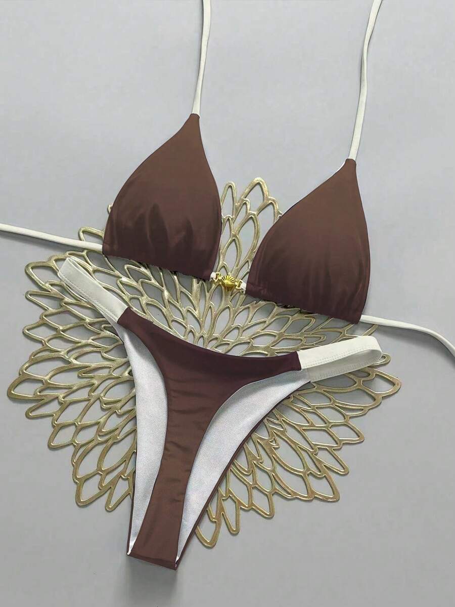 Swim Vcay Women's 2 Pieces Shell Decor Tie-Up Contrast Color Halter Bikini Set, Summer Beach Vacation - Brown - View 1