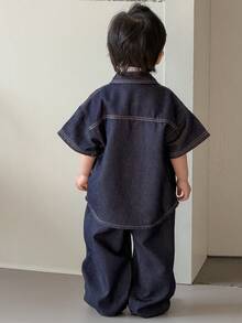 DAZY Bộ áo sơ mi cổ bẻ và quần jeans dáng rộng cho bé trai. - Rửa tối - Xem 8