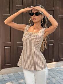 Pariaura 2026 New Arrival Women's Linen Camisole - Striped Ruched Design With Zipper, Minimalist Sling Top For Casual, Office & Vacation Wear - Multicolor - View 5