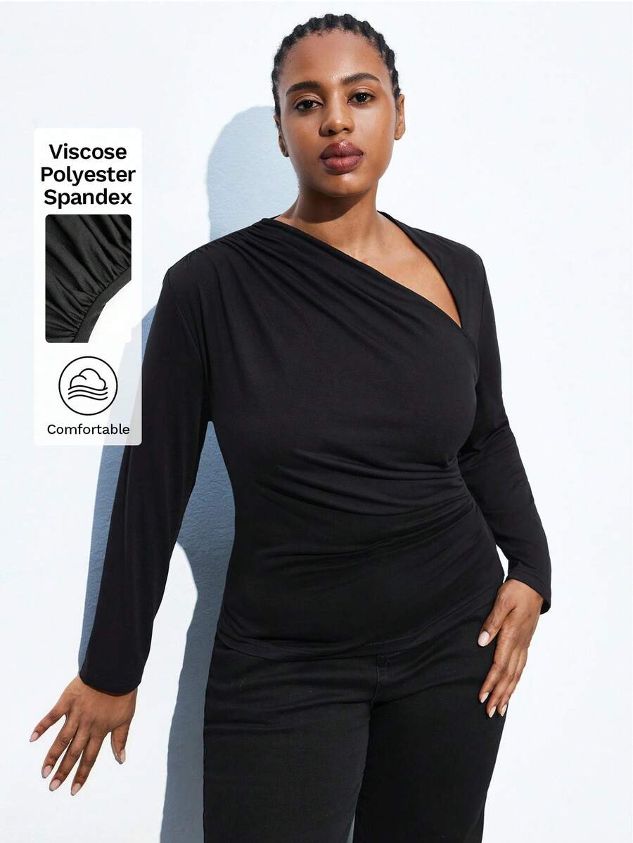 Maija 加大码黑色高领长袖修身舒适T恤，复古女款，老钱教师风格，浪漫、时尚、百搭；舒适、有型、优雅、休闲、简约日常穿搭、必备单品、纯色、假日休闲、得体、单身女士、优雅时尚商务休闲女式外出上衣