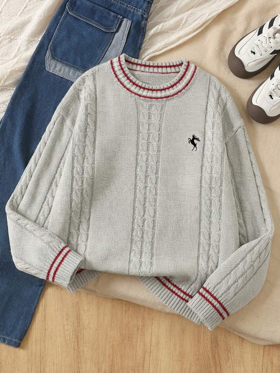 Teen Girls' Round Neck Knit Oversized Sweater Top, Cute Embroidered Cable Knit Texture In Fall/Winter - Grey - View 1
