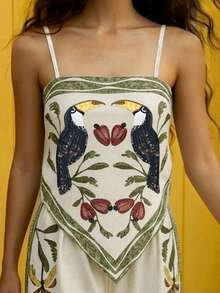 CAJUNI 一套饰有巨嘴鸟刺绣印花的上衣和裤子。 - 彩色 - 查看 3