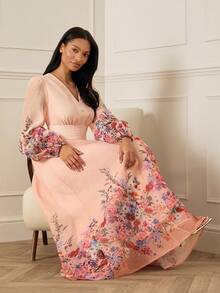 Lilora Elegantes hochwertiges, zart bedrucktes Maxikleid mit Blumenmuster für Frauen, mit Taillengürtel, V-Ausschnitt, Strass-Dekor, Rüschensaum und Puffärmeln