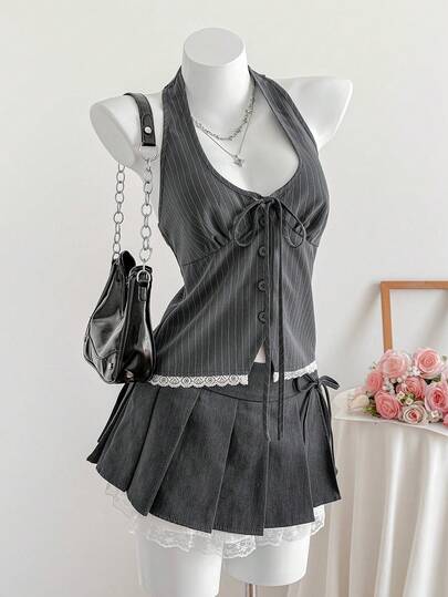 Comfortcana Women's Striped Lace Trim Front Button Backless Halter Vest Spring Outfit Women Summer Tops Beach Outfits For Women Vacation Outfits Women Casual Blouses For Women