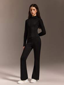 少女两件套服装 - 针织纯色撞色条纹运动外套和修身喇叭裤，休闲时尚校园风返校节运动套装 - 黑色 - 查看 4