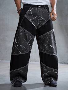 ROMWE MEN Street Life Men's Lightning Print Patchwork Straight Leg Jeans - Black - View 7