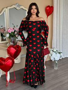 Vionelle Đầm dài tay trễ vai kiểu Pháp thanh lịch dành cho nữ cỡ lớn, thắt eo, in hình trái tim, thích hợp cho ngày Valentine. - màu đen - Xem 6