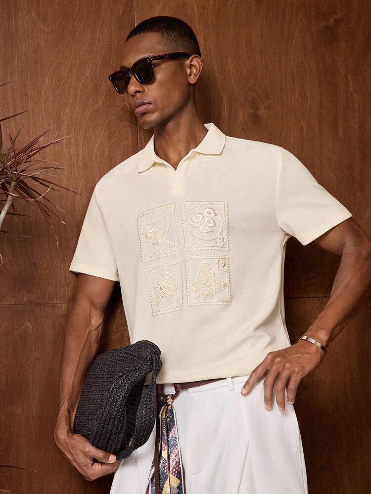 Men's Casual Apricot Embroidered Short Sleeve Polo Shirt, Summer Cream Outfit Men College Style Pattern Polo Men Bruno Mars Men's Resort Wear Sumwon Men's Knitted Polo F1 Men's Gold Shirt