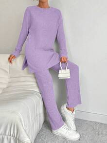 EURMUSE 100%Cotton Women's Solid Color Striped Round Neck Top And Pants Two Piece Set - Lilac Purple - View 5