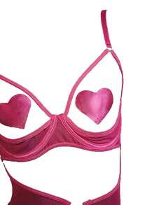 SpicyHot 5pcs/Set Pink Summer Sexsy Party Wedding Guest Music Festival Lace-Up Hollow Out Bodysuit With Underwire,Includes:Bodysuit+Nipple Pasties+Leg Garters - Hot Pink - View 5